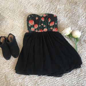 GB black strapless mini floral dress